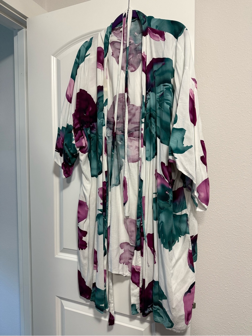 Pinkblush White Floral Robe with Teal & Plum Print